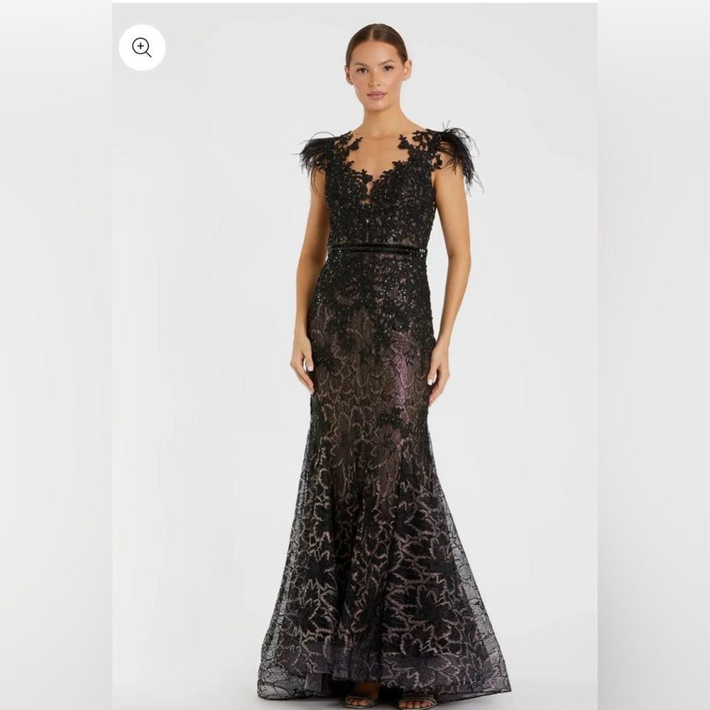 Mac Duggal Black and Rose Pink Floral Formal Evening Gown